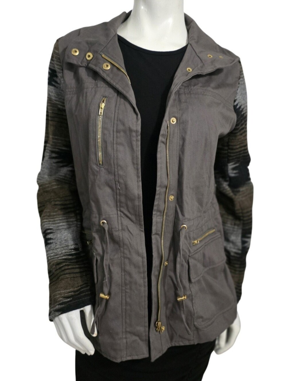 For Ever 21 Womens Gray Utility Jacket with Patterned Sleeves Size M NWT